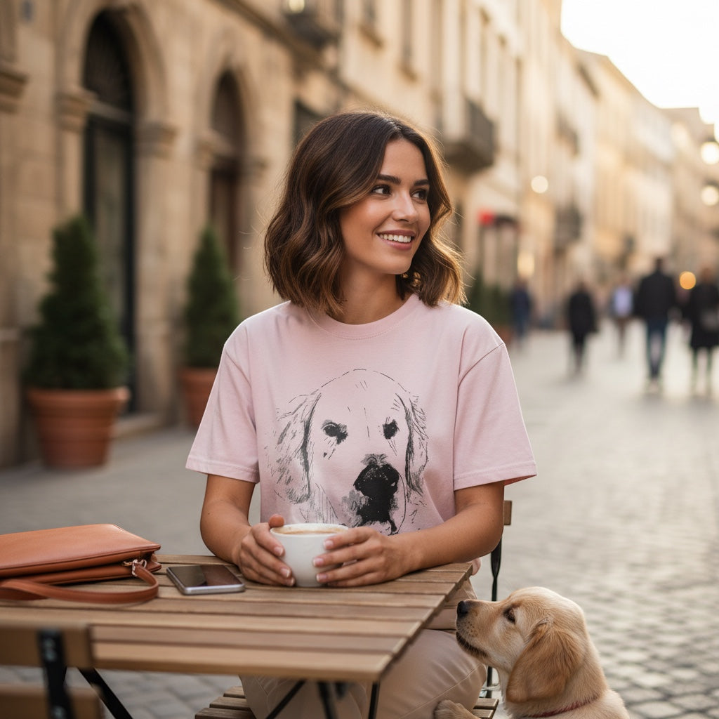A Brand Called California light pink crewneck t-shirt with a black and white sketch of a golden retriever dog. Model sitting at a cafe table.