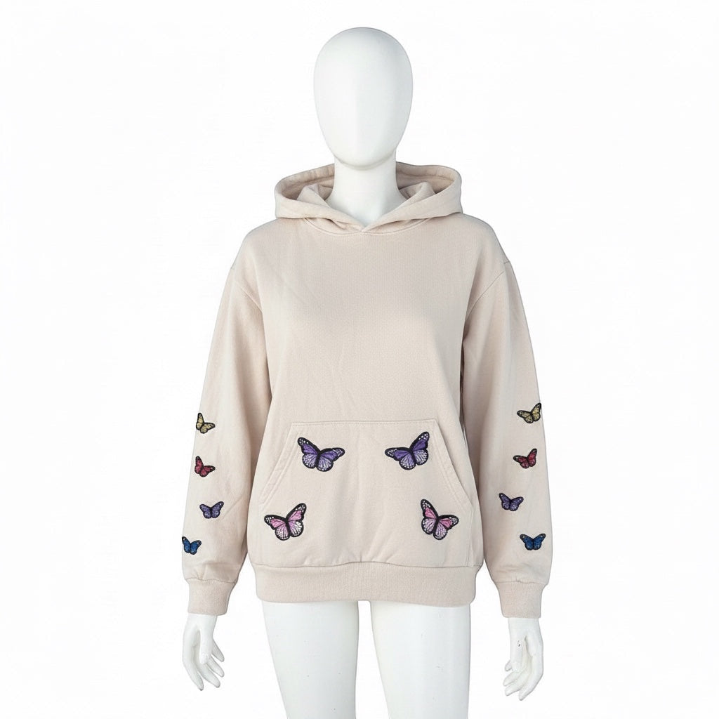 A Brand Called California beige unisex heavy cotton hoodie with embroidered butterflies on the sleeves and pocket.