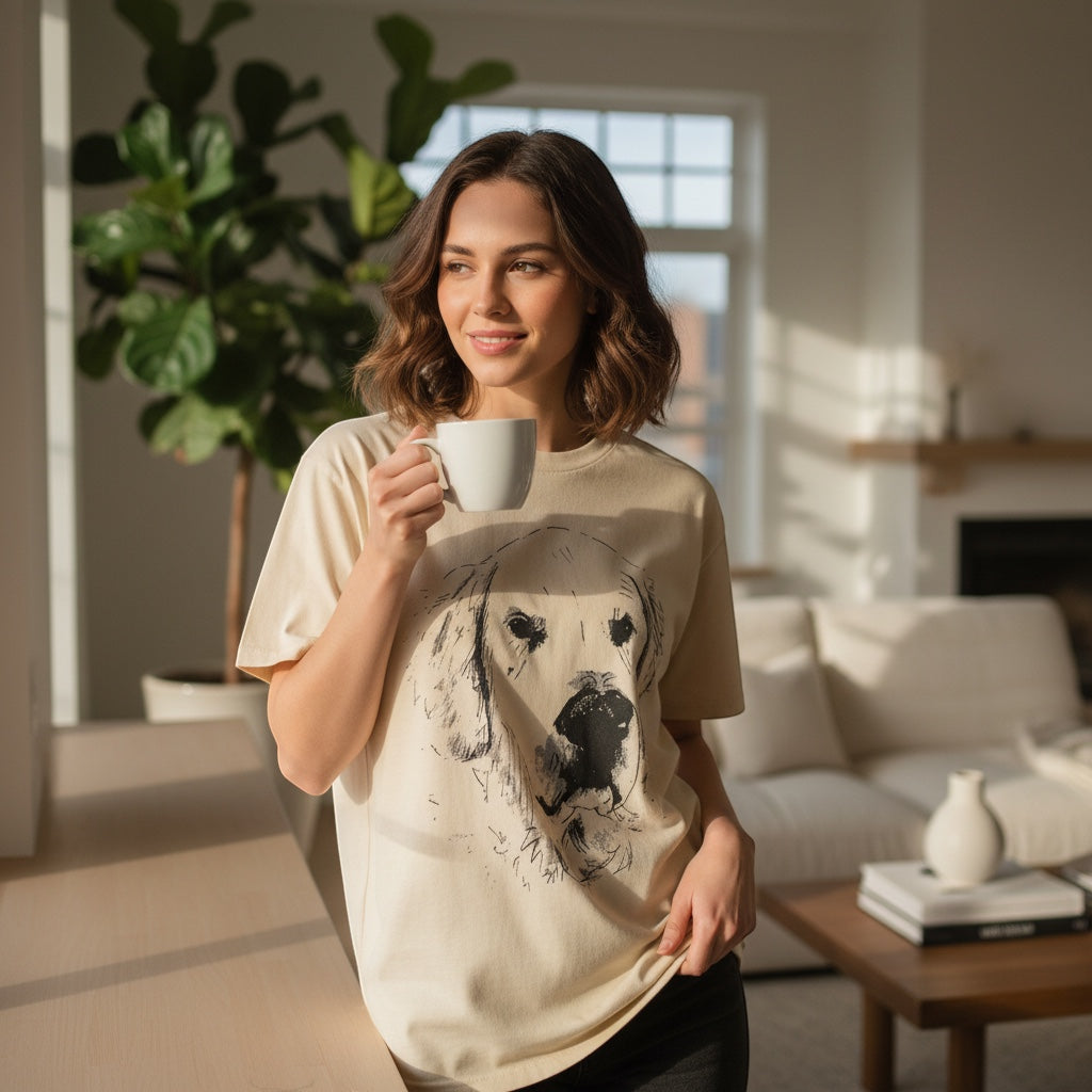 A Brand Called California beige 100% cotton crewneck t-shirt with a black line drawing of a golden retriever's face.