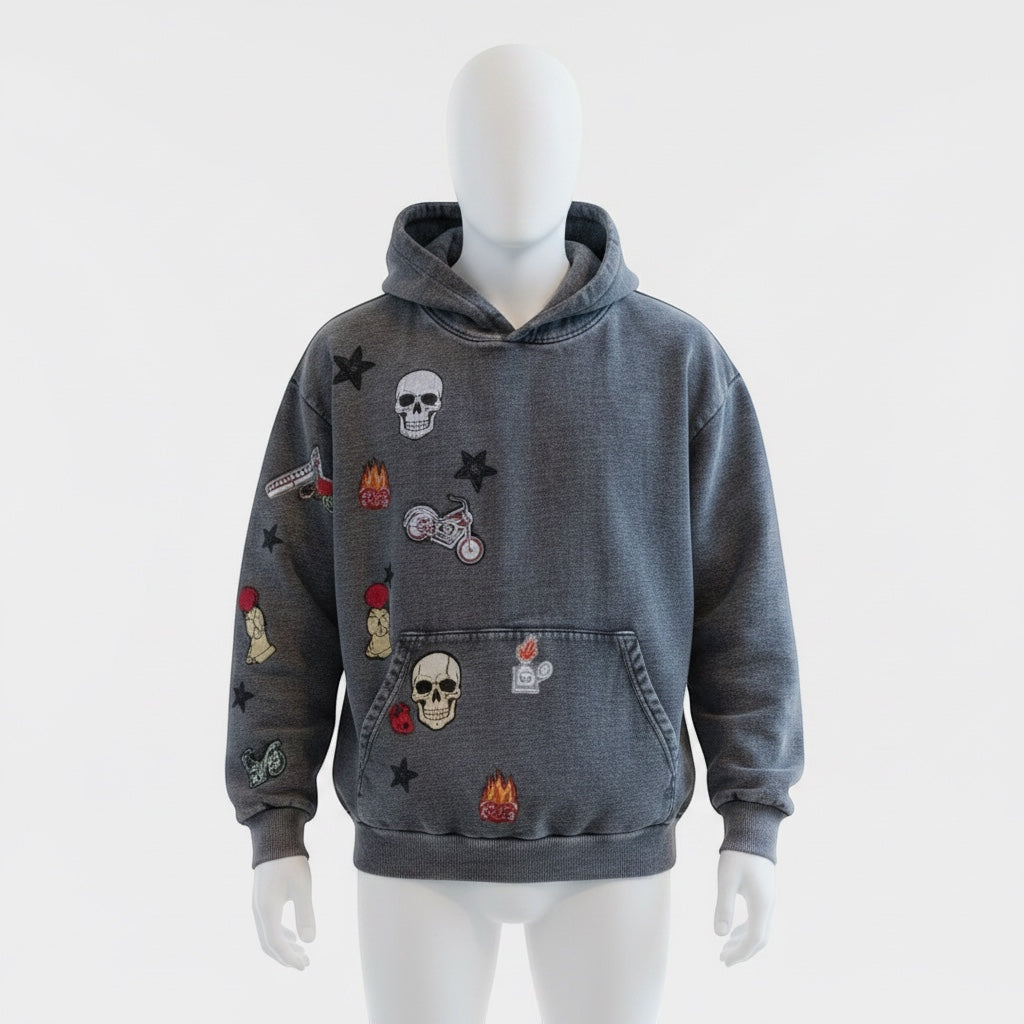 A Brand Called California mineral wash black heavy cotton hoodie with skull, motorcycle, and fire patches. Unisex fit, made in USA.