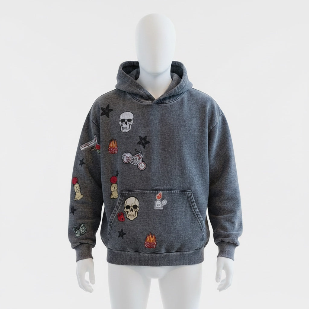 A Brand Called California mineral wash black heavy cotton hoodie with skull and motorcycle patches. Unisex fit.