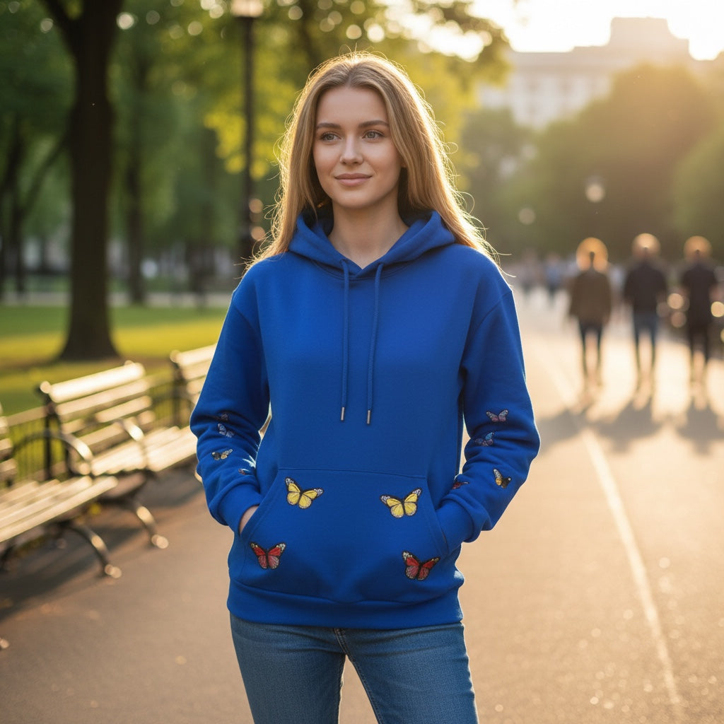 A Brand Called California royal blue unisex heavy cotton hoodie with embroidered butterflies on sleeves and front pocket.