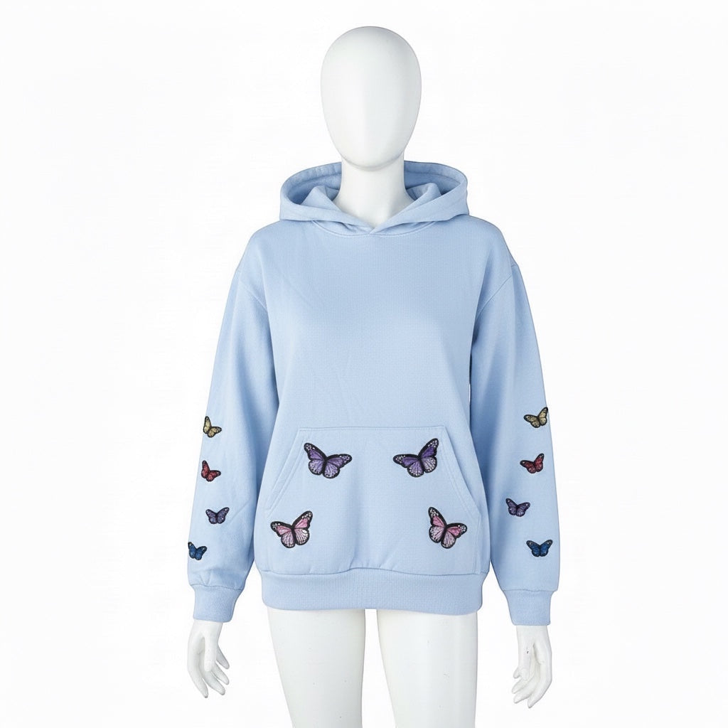 A Brand Called California light blue unisex hoodie with butterfly appliques on the sleeves and pocket. Made from 100% heavy cotton.