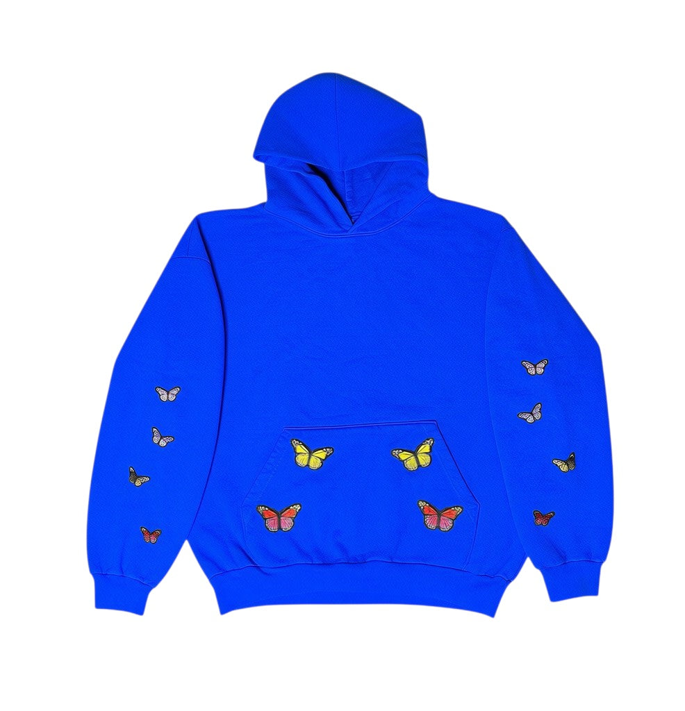 A Brand Called California blue unisex heavy cotton hoodie with embroidered butterflies on the sleeves and pocket.