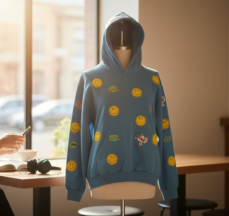 A Brand Called California light blue heavy cotton hoodie with all-over smiley face and comic-style graphic patches.