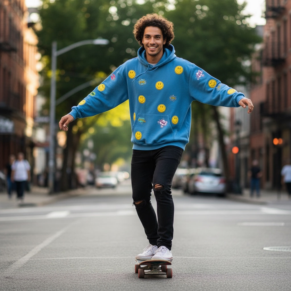 A Brand Called California blue heavy cotton unisex hoodie with all-over smiley face and comic bubble patches. Features a hood and front pocket.