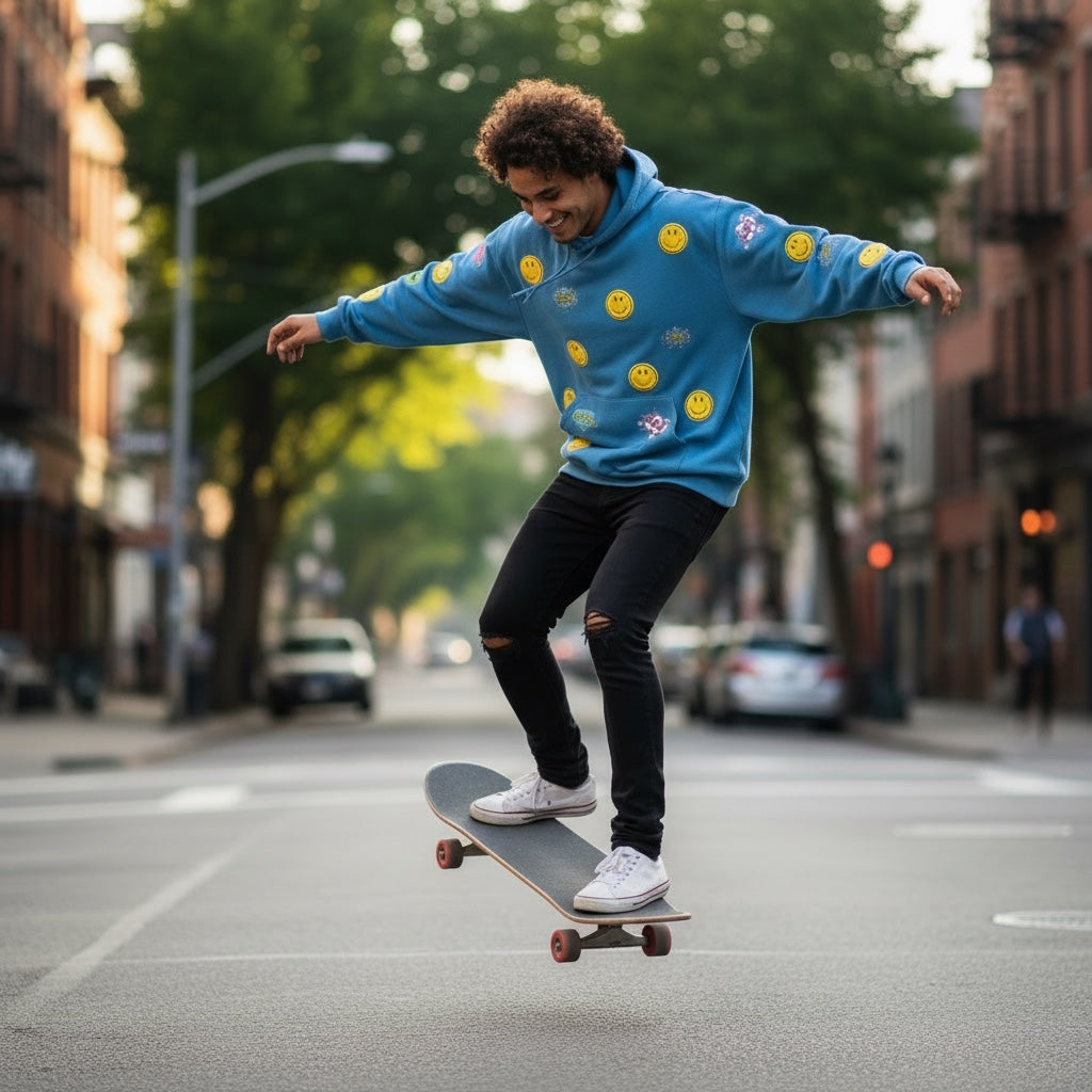 A Brand Called California blue heavy cotton hoodie with smiley face graphics, worn by a man skateboarding in the street.