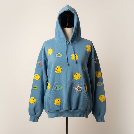 A Brand Called California blue heavy cotton unisex hoodie with all-over smiley face and comic bubble appliques.