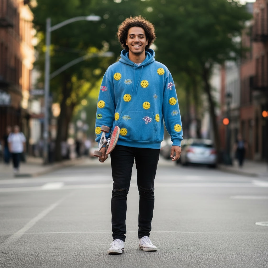 A Brand Called California blue heavy cotton hoodie with smiley face graphics, worn by a man skateboarding on a city street.