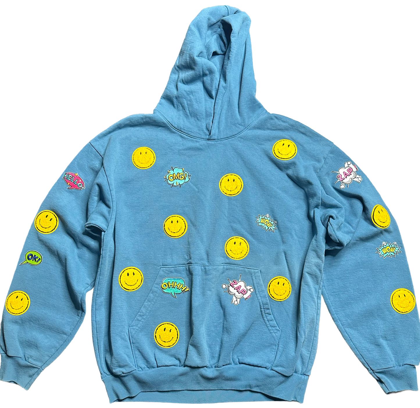 A Brand Called California blue cotton hoodie with all-over yellow smiley face graphics and comic book style word bubbles.