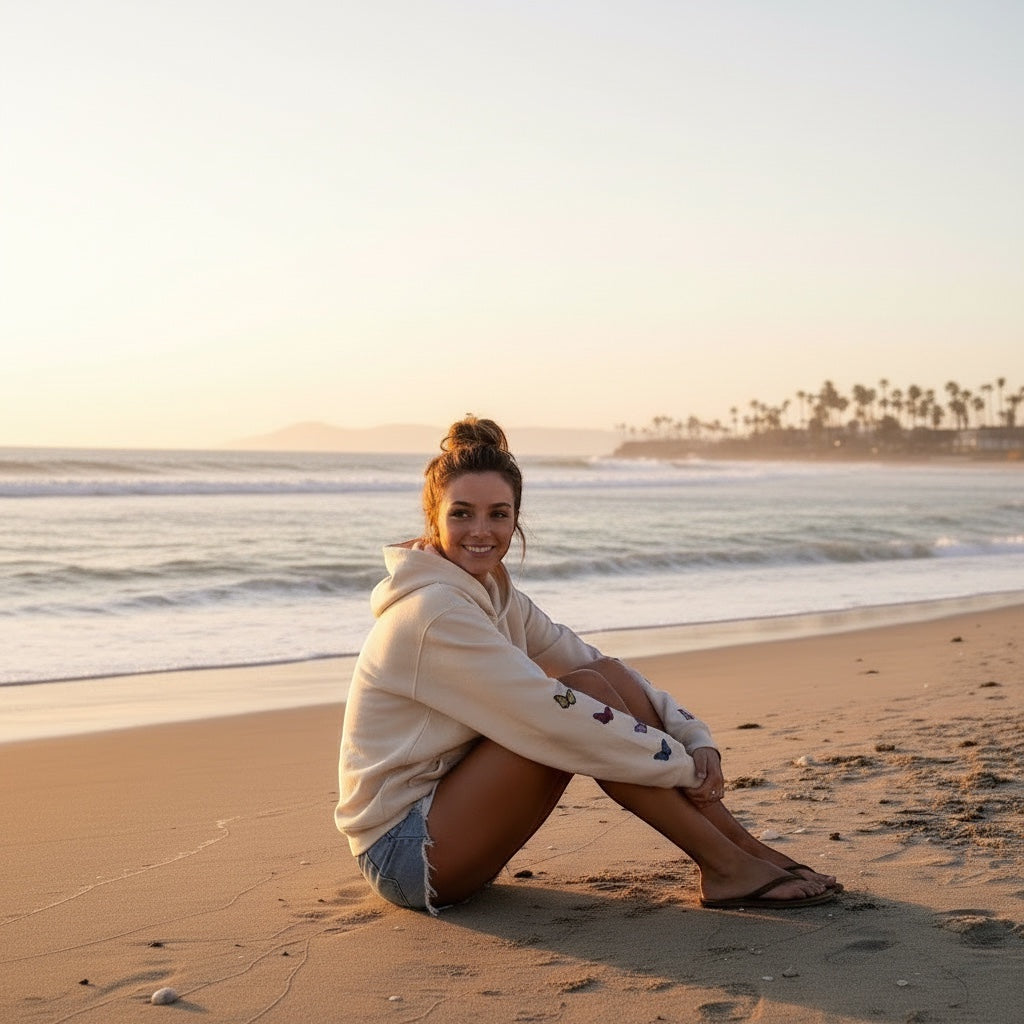 A Brand Called California cream unisex heavy cotton hoodie with butterfly graphic on sleeve, worn by a woman sitting on a beach at sunset.