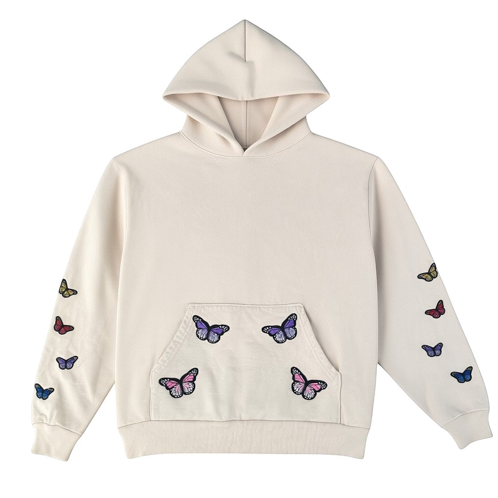 A Brand Called California cream 100% cotton unisex hoodie with embroidered butterflies on the sleeves and pocket.