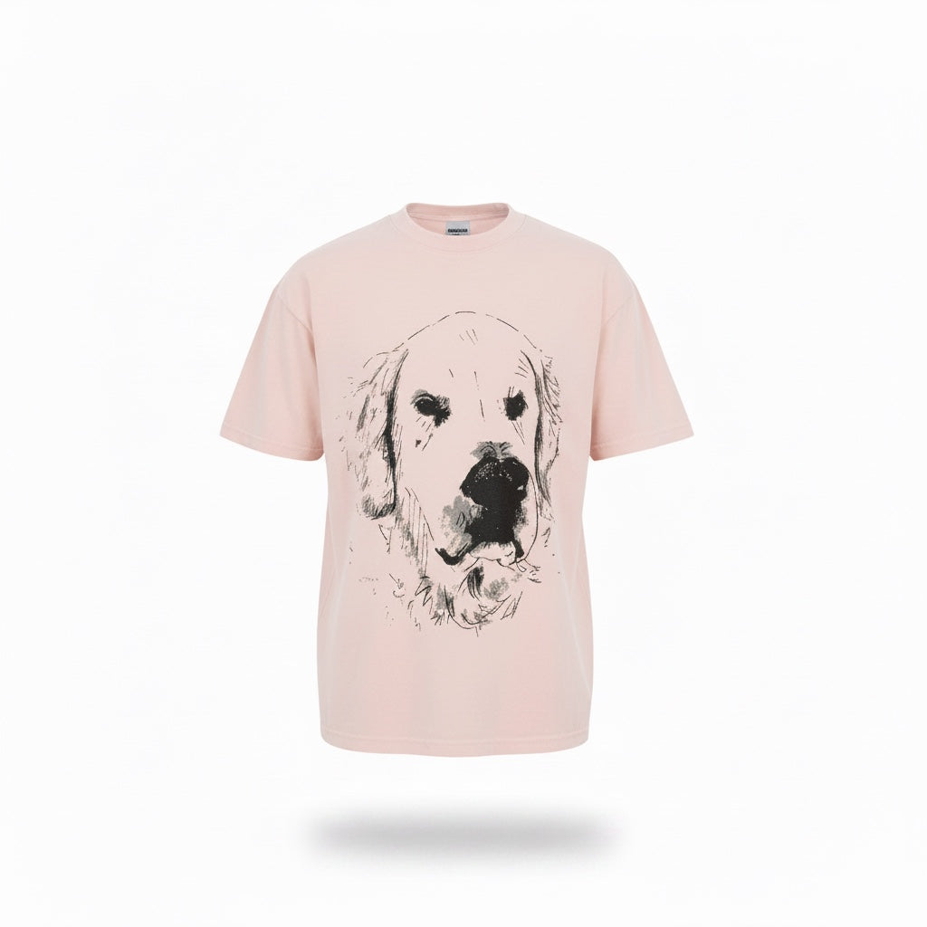A Brand Called California cream 100% cotton crewneck t-shirt with a black sketch of a golden retriever dog face graphic.