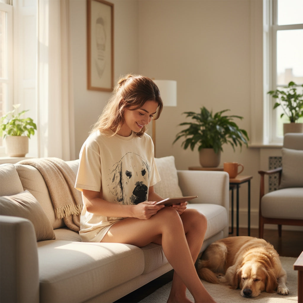 A Brand Called California cream 100% cotton crewneck t-shirt with a black graphic of a golden retriever's face. Model is sitting on a sofa.