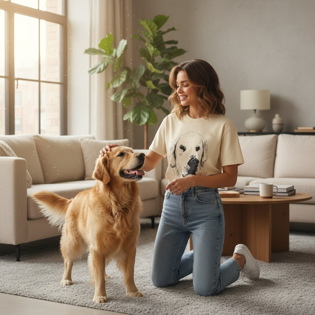 A Brand Called California cream crewneck t-shirt with a graphic print of a golden retriever's face. Model is wearing jeans and petting a golden retriever.