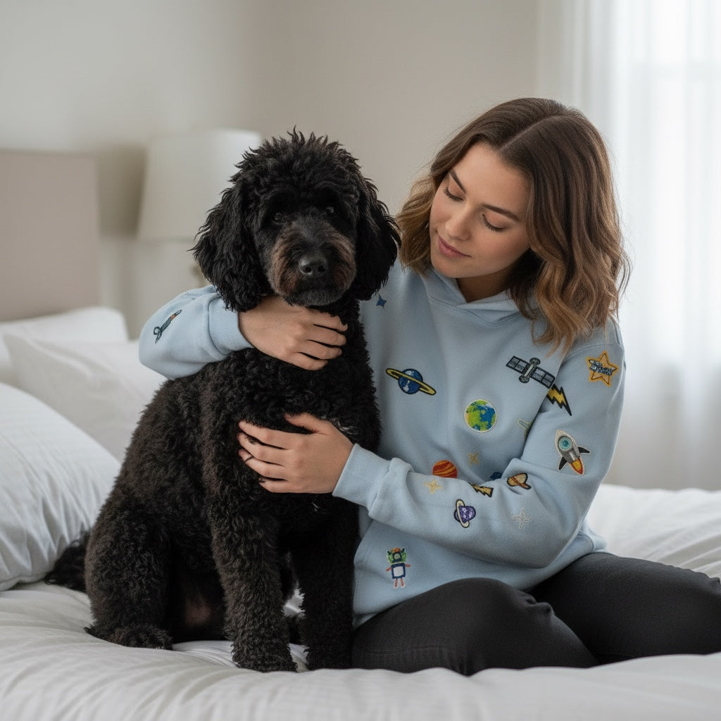 A Brand Called California light blue unisex hoodie with space-themed patches, worn by a young woman cuddling a golden retriever on a couch.