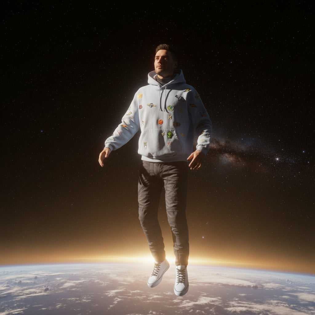 A Brand Called California light blue cotton hoodie with space-themed patches, worn by a man floating in space.