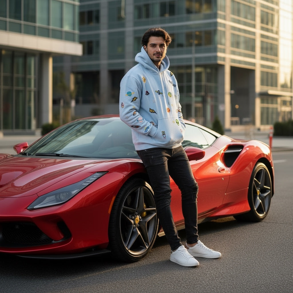 A Brand Called California light blue cotton hoodie with embroidered space patches, worn by a man standing next to a red sports car.