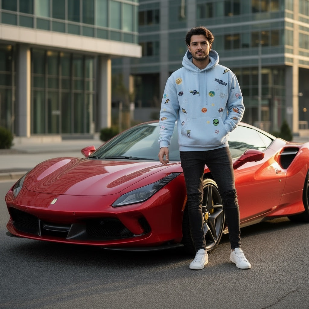 A Brand Called California light blue unisex hoodie with space-themed patches, worn by a man leaning on a red sports car.