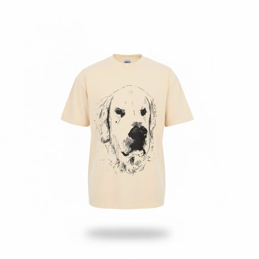 A Brand Called California orange 100% cotton crewneck t-shirt with a sketch-style Golden Retriever graphic.