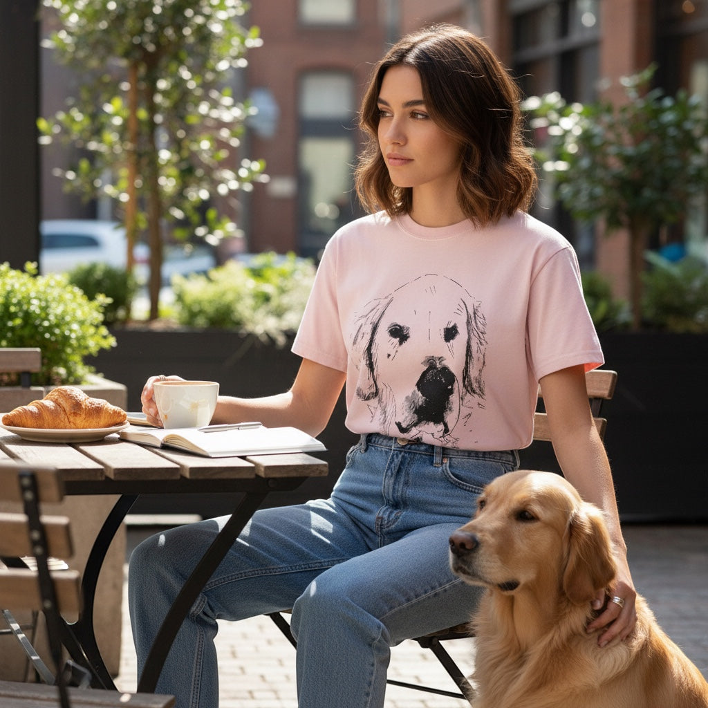 A Brand Called California light pink crewneck t-shirt with a black line drawing of a golden retriever's face.