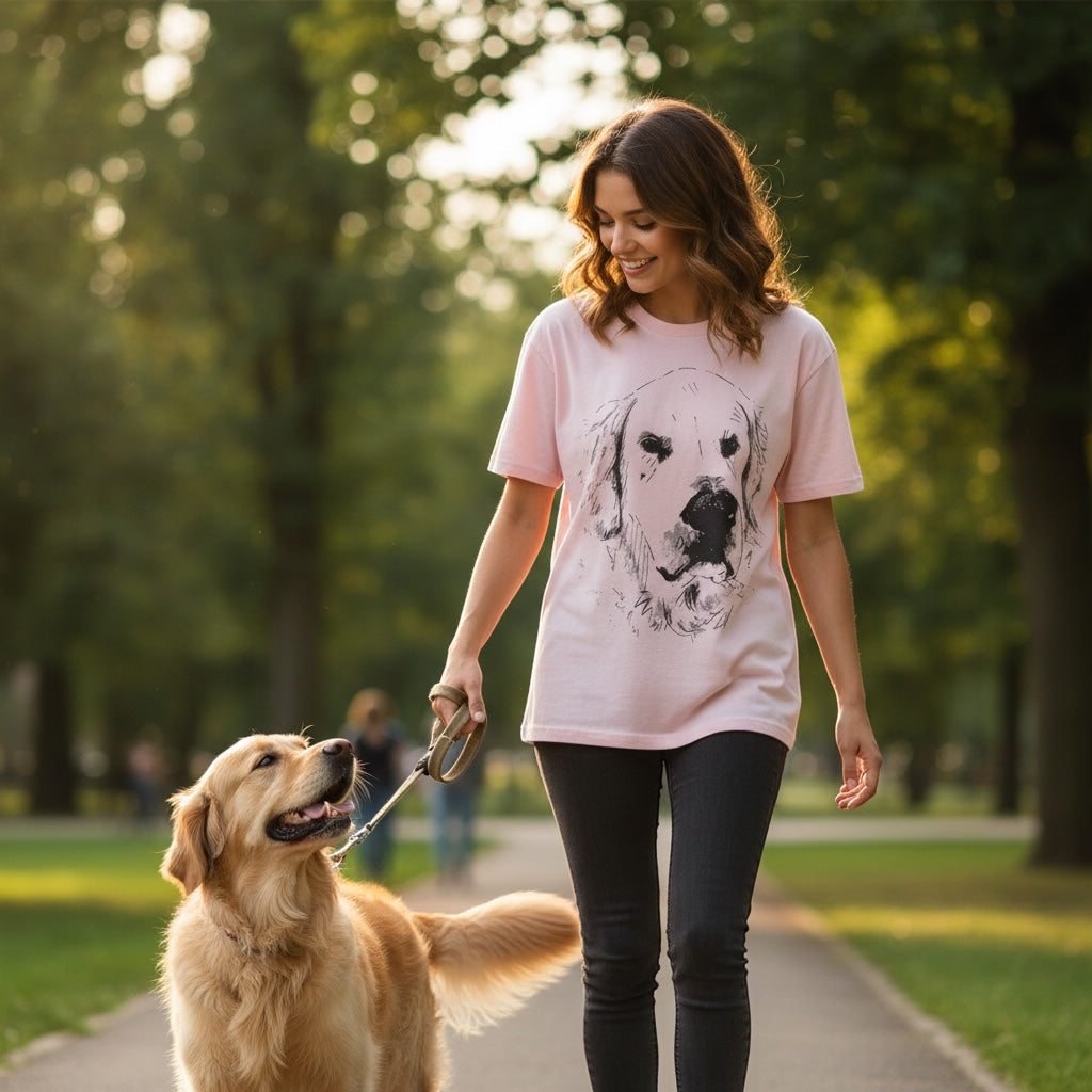 A Brand Called California pink cotton t-shirt with a sketch of a golden retriever's face, worn by a woman walking her dog in a park.