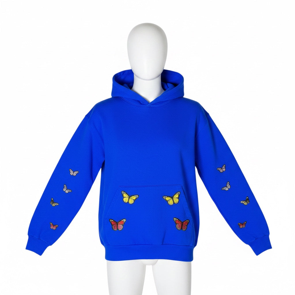A Brand Called California royal blue 100% cotton unisex hoodie with embroidered butterflies on sleeves and pocket.